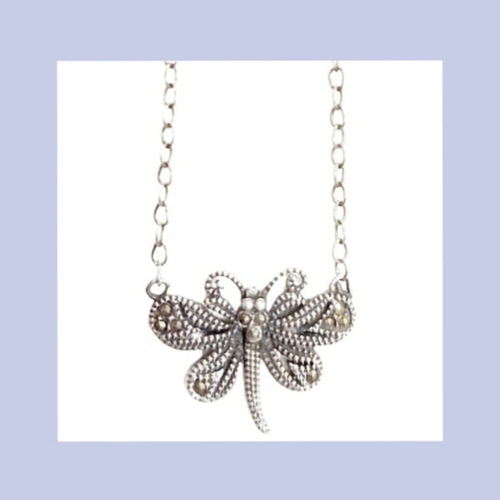 Dragonfly 925 Sterling Silver Marcasite Signed Necklace